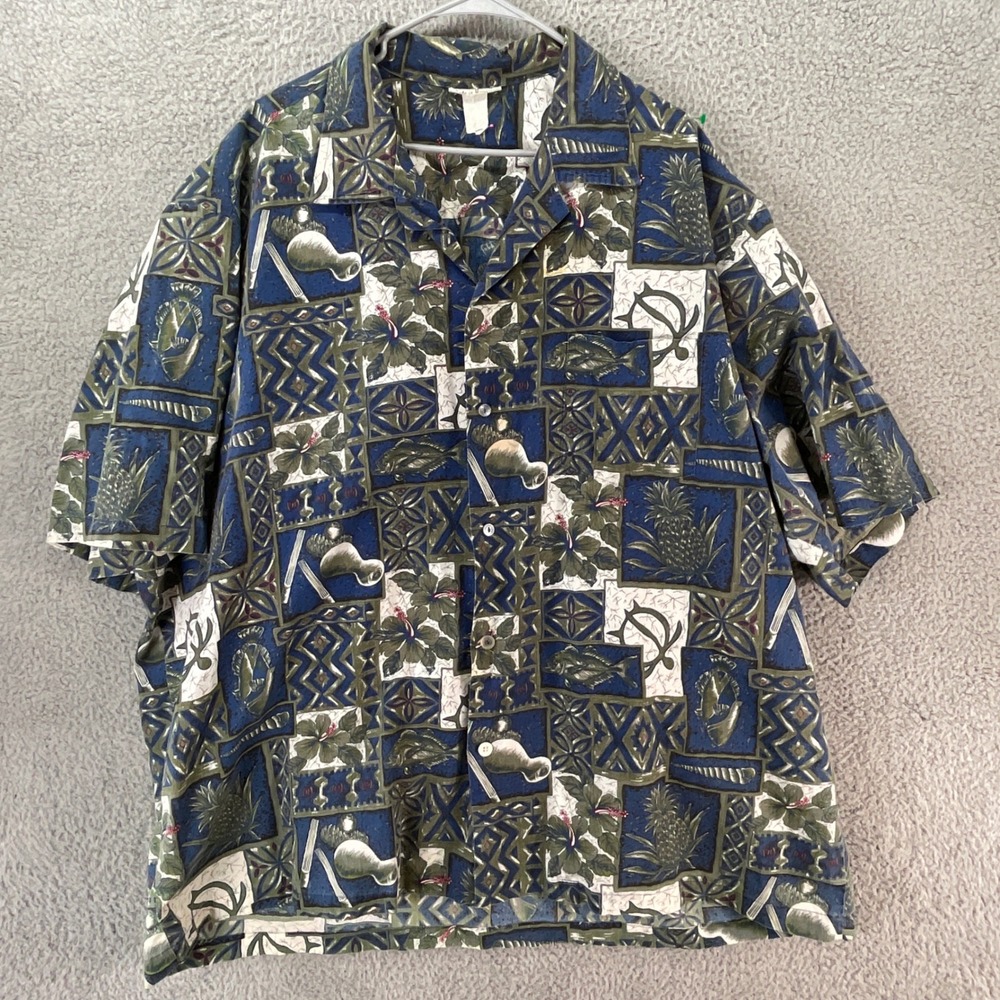 Made‎ in Hawaii Button Down Shirt Mens XXL Blue Green Tropical Hibiscus Aloha